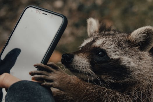 A close-up of a raccoon exploring a smartphone, showcasing wildlife curiosity in an outdoor setting.